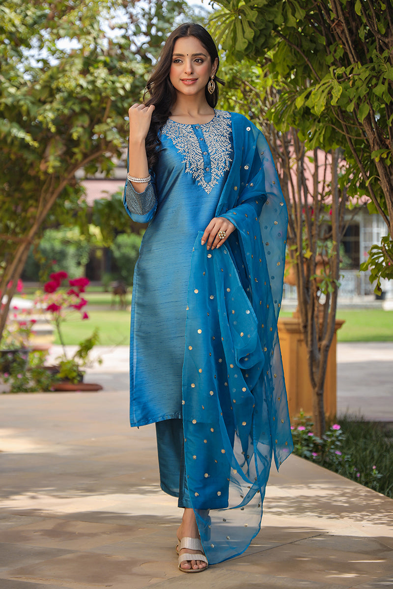 Blue Poly Silk Solid Yoke Design Kurta Trousers With Dupatta PKSKD1588