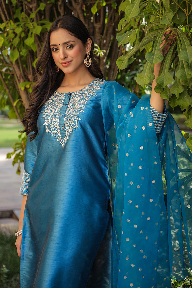 Blue Poly Silk Solid Yoke Design Kurta Trousers With Dupatta PKSKD1588