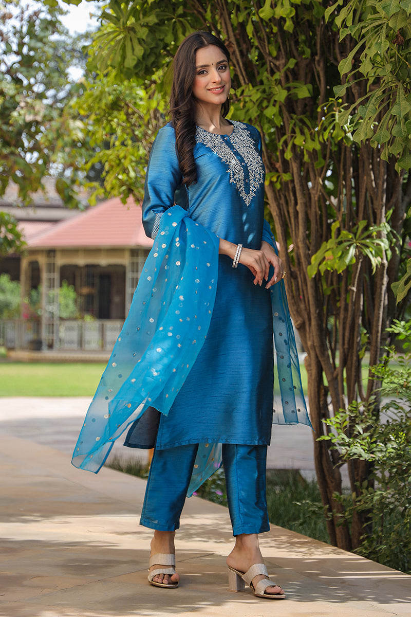 Blue Poly Silk Solid Yoke Design Kurta Trousers With Dupatta PKSKD1588