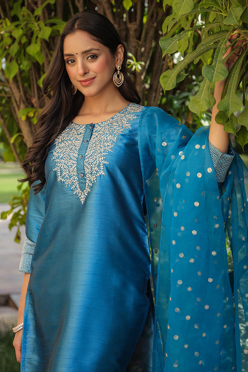 Blue Poly Silk Solid Yoke Design Kurta Trousers With Dupatta PKSKD1588