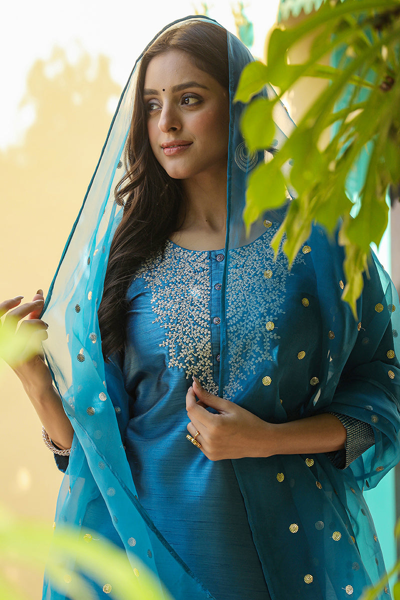 Blue Poly Silk Solid Yoke Design Kurta Trousers With Dupatta PKSKD1588