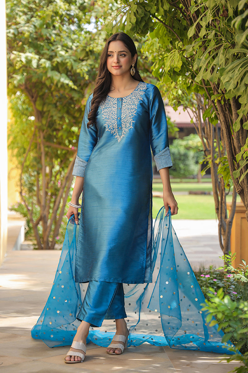 Blue Poly Silk Solid Yoke Design Kurta Trousers With Dupatta PKSKD1588