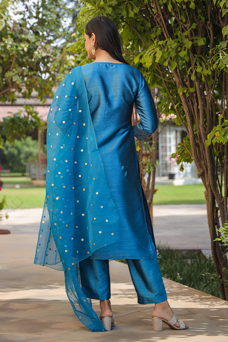 Blue Poly Silk Solid Yoke Design Kurta Trousers With Dupatta PKSKD1588