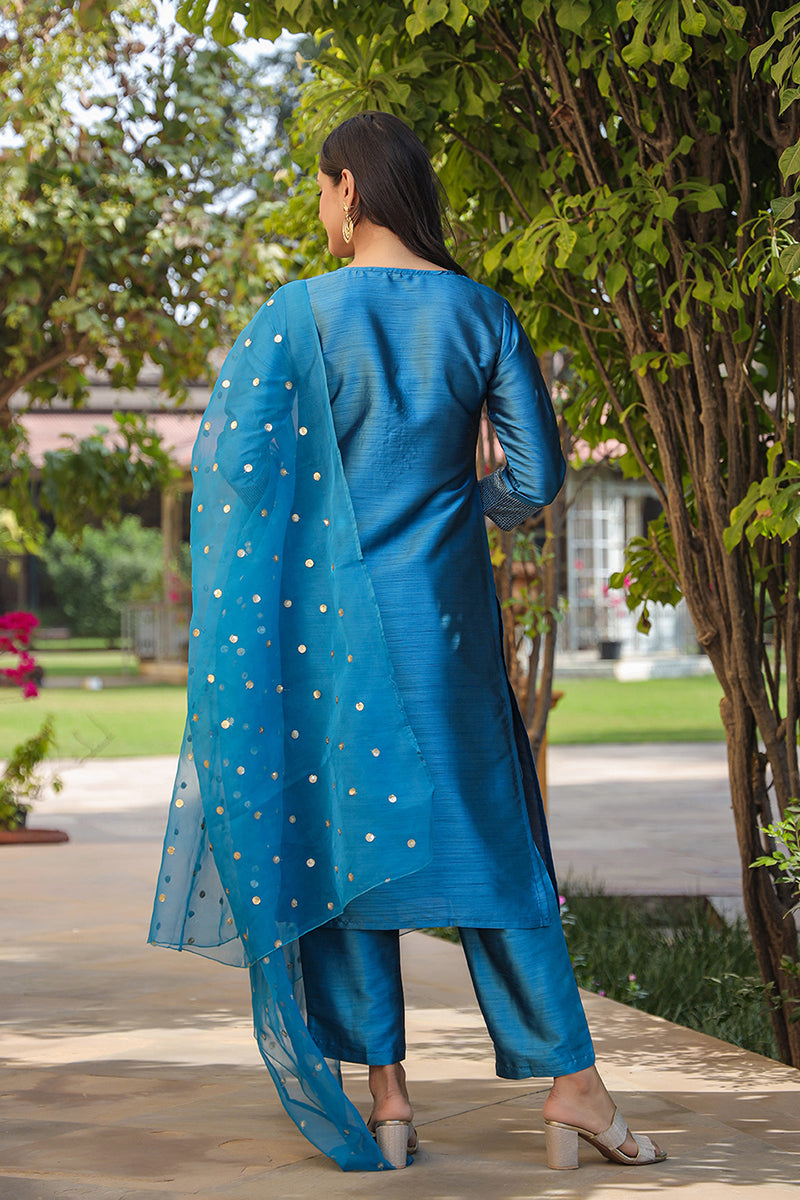 Blue Poly Silk Solid Yoke Design Kurta Trousers With Dupatta PKSKD1588