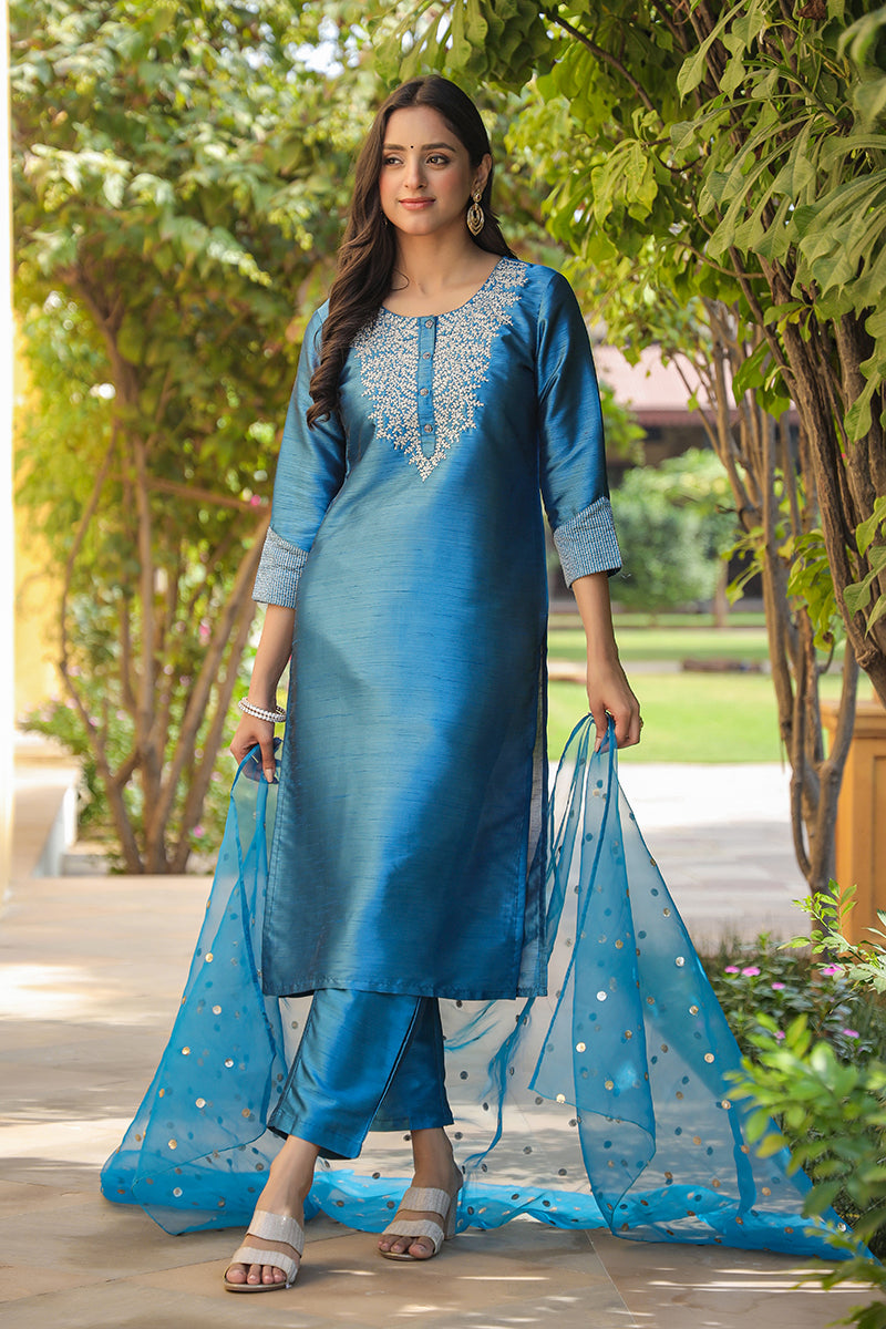 Blue Poly Silk Solid Yoke Design Kurta Trousers With Dupatta PKSKD1588