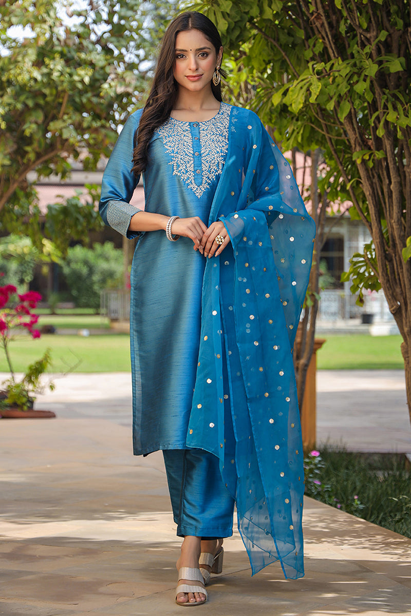 Blue Poly Silk Solid Yoke Design Kurta Trousers With Dupatta PKSKD1588