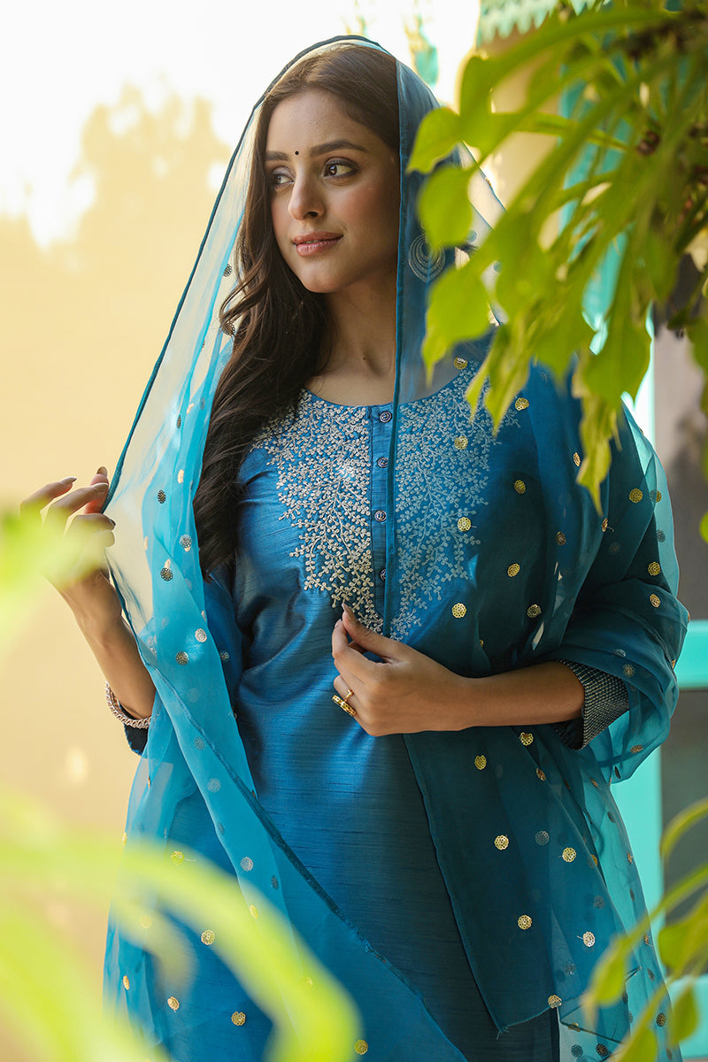 Blue Poly Silk Solid Yoke Design Kurta Trousers With Dupatta PKSKD1588