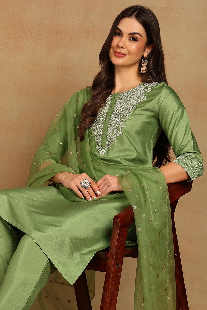 Green Poly Silk Solid Yoke Design Kurta Trousers With Dupatta PKSKD1589