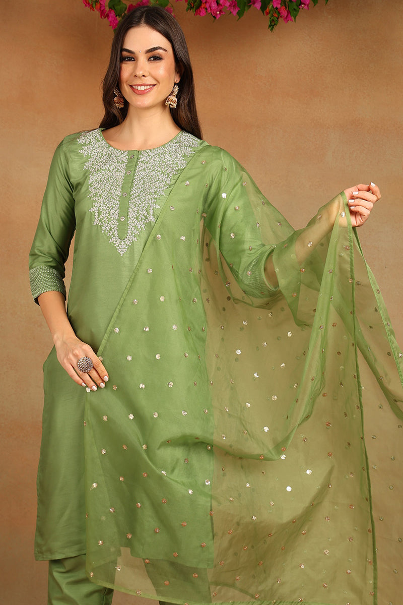 Green Poly Silk Solid Yoke Design Kurta Trousers With Dupatta PKSKD1589