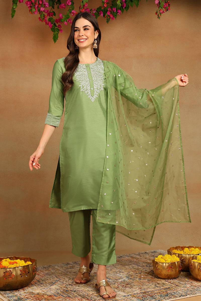 Green Poly Silk Solid Yoke Design Kurta Trousers With Dupatta PKSKD1589