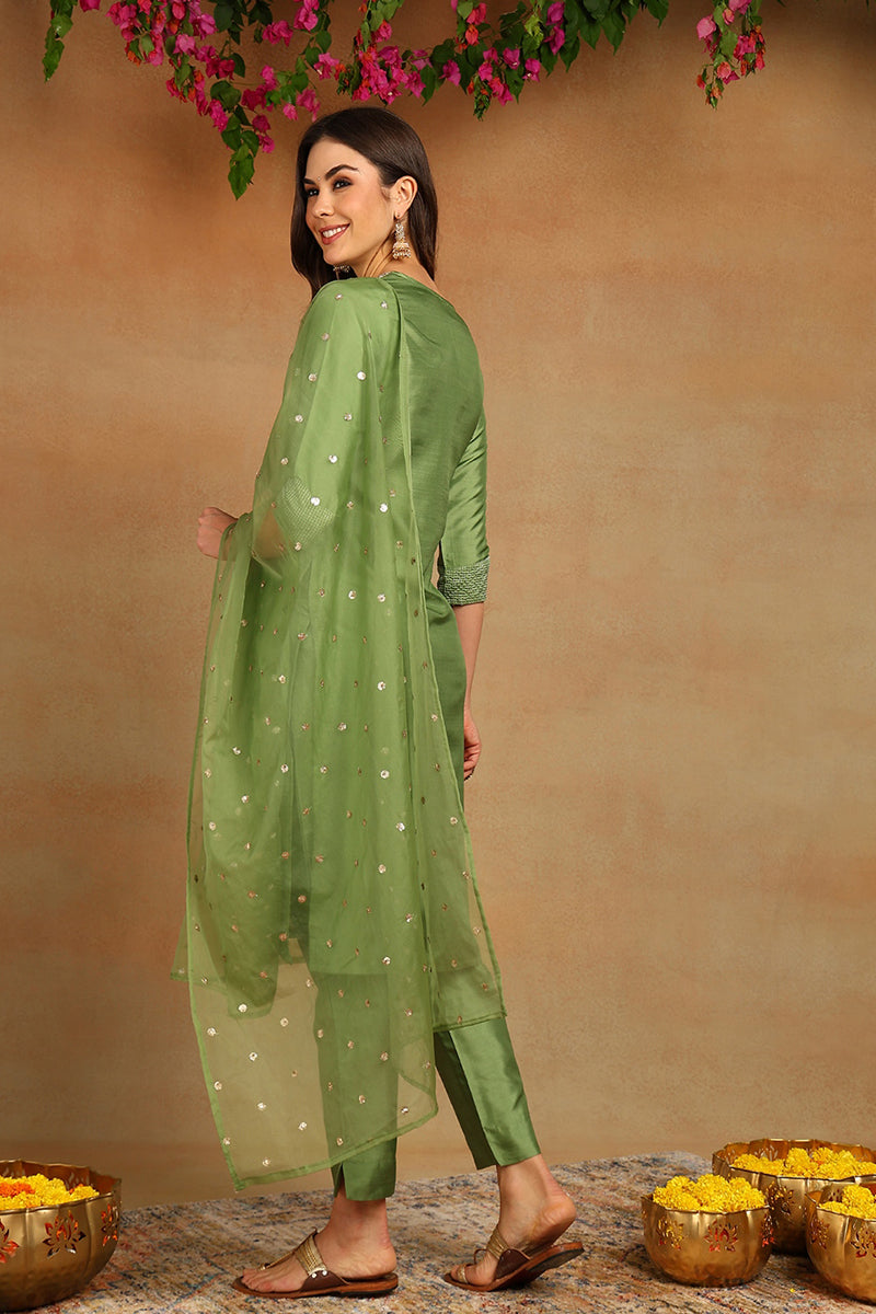 Green Poly Silk Solid Yoke Design Kurta Trousers With Dupatta PKSKD1589