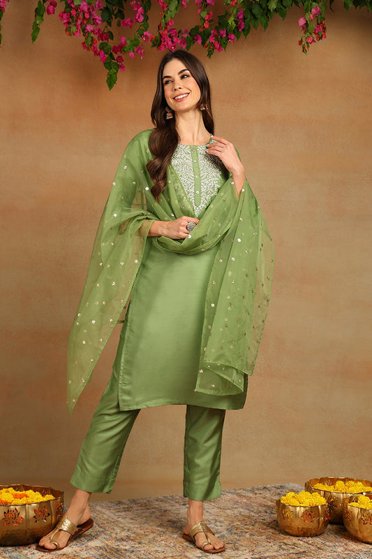 Green Poly Silk Solid Yoke Design Kurta Trousers With Dupatta PKSKD1589