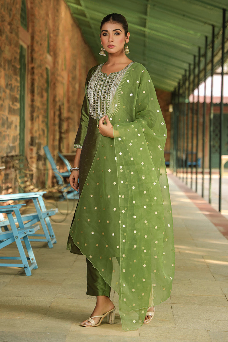 Green Poly Silk Solid Yoke Design Suit Set PKSKD1591