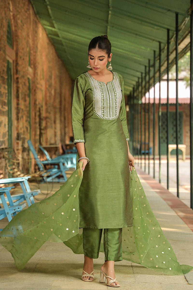 Green Poly Silk Solid Yoke Design Suit Set PKSKD1591