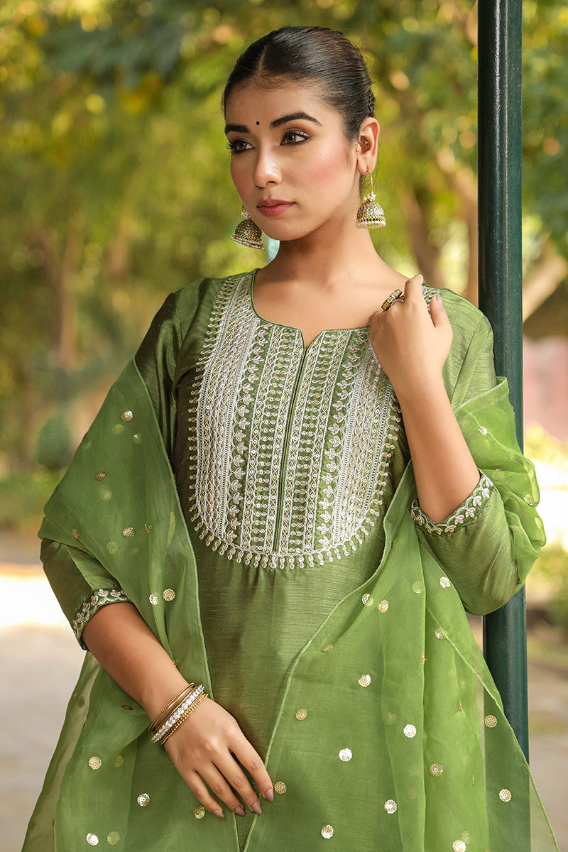 Green Poly Silk Solid Yoke Design Suit Set PKSKD1591