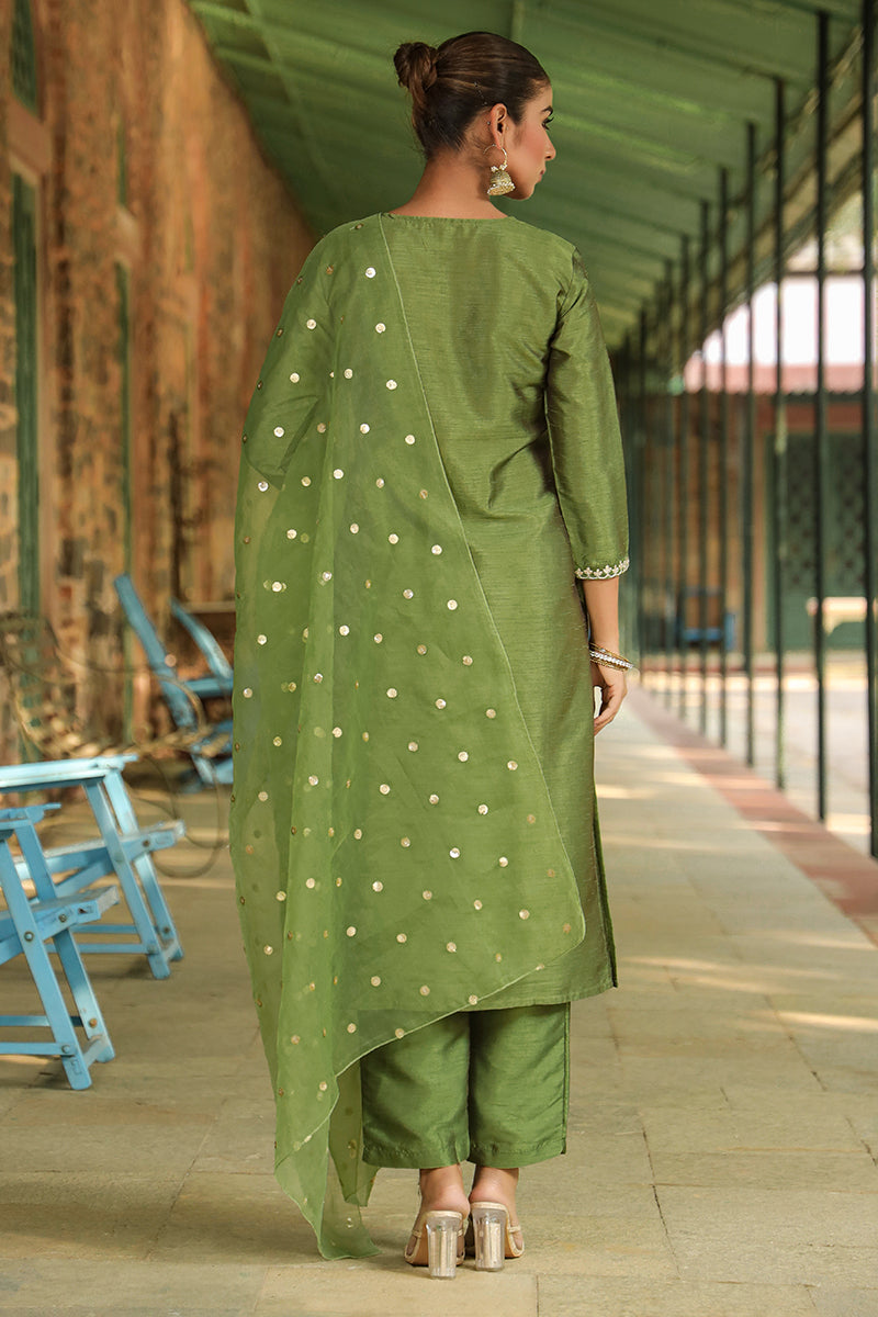 Green Poly Silk Solid Yoke Design Suit Set PKSKD1591