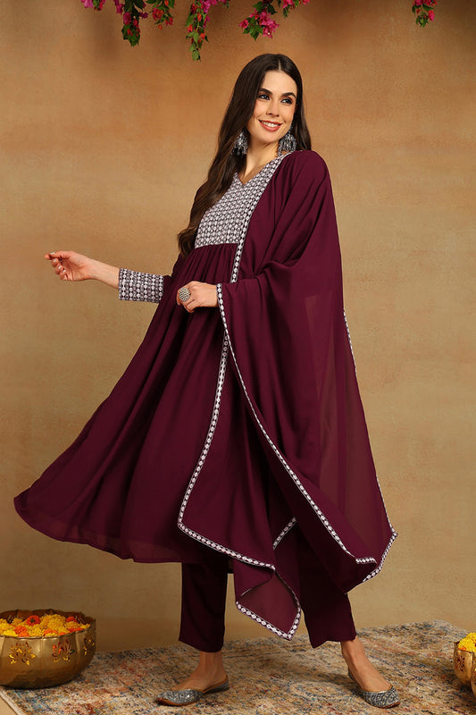 Burgundy Poly Georgette Yoke Design Suit Set PKSKD1603