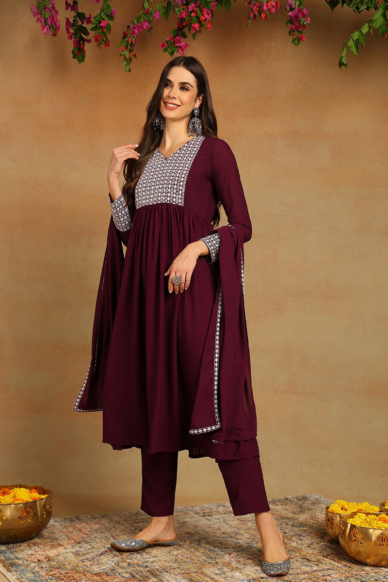 Burgundy Poly Georgette Yoke Design Suit Set PKSKD1603