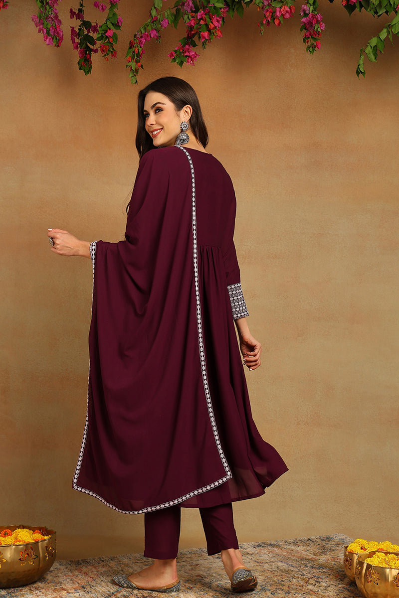 Burgundy Poly Georgette Yoke Design Suit Set PKSKD1603