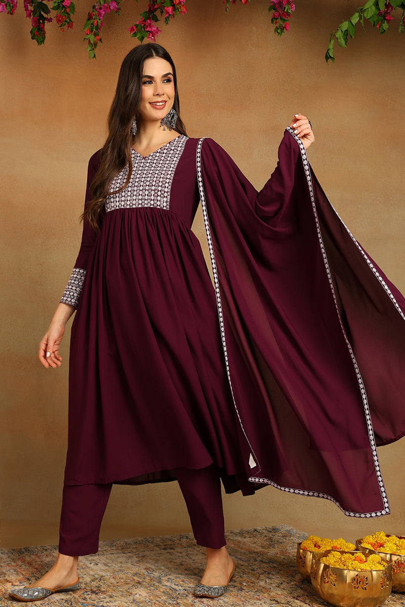 Burgundy Poly Georgette Yoke Design Suit Set PKSKD1603