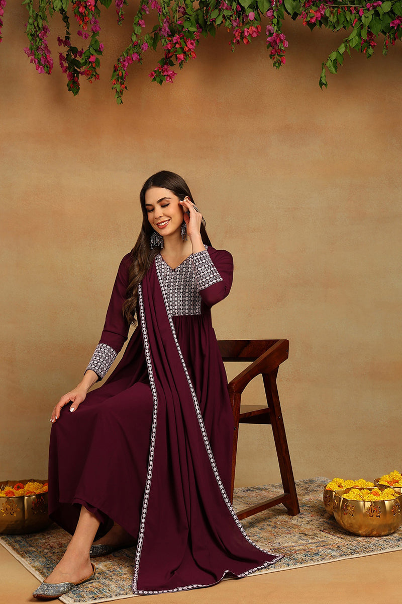 Burgundy Poly Georgette Yoke Design Suit Set PKSKD1603