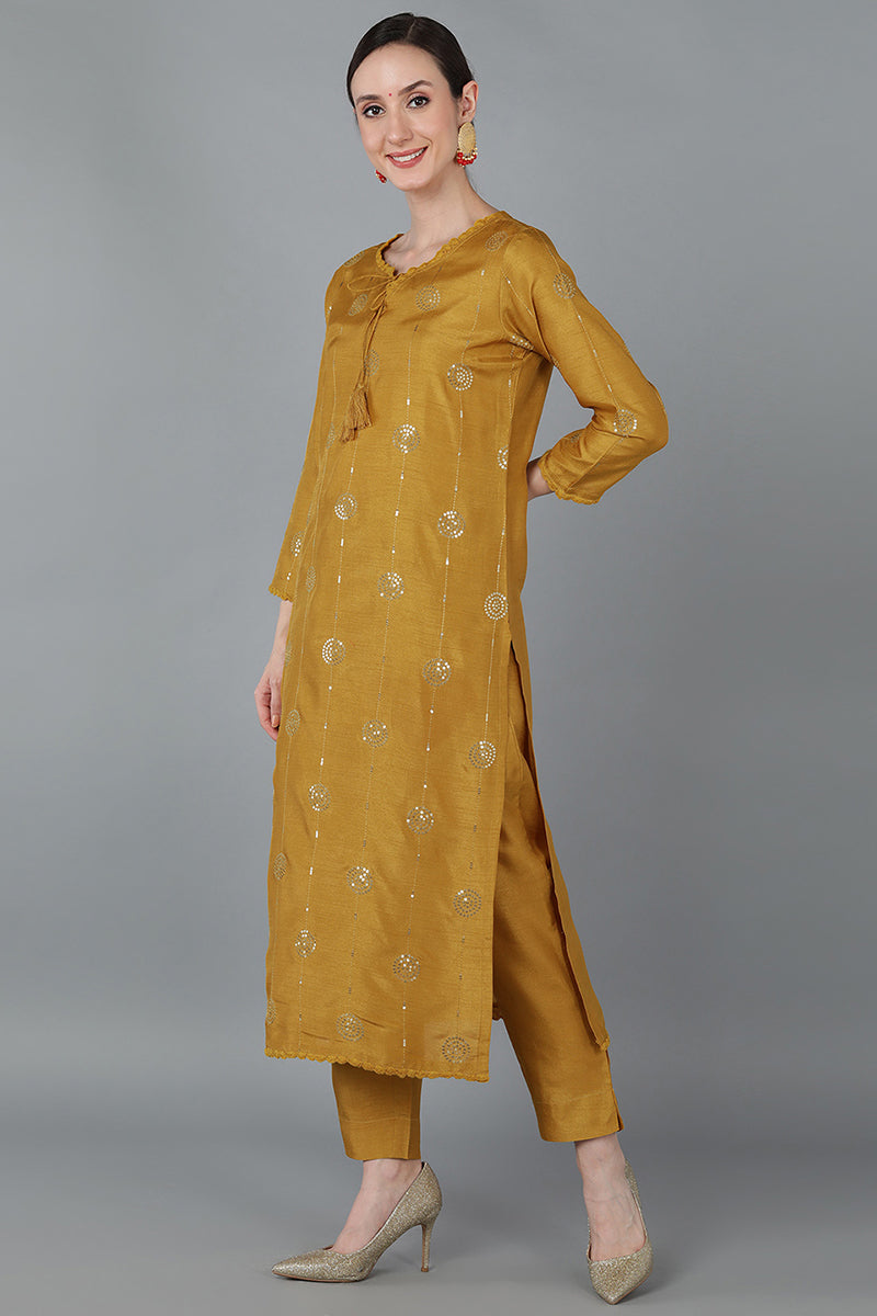 Mustard Yellow Silk Blend Ethnic Motifs Straight Suit Set PKSKD1613