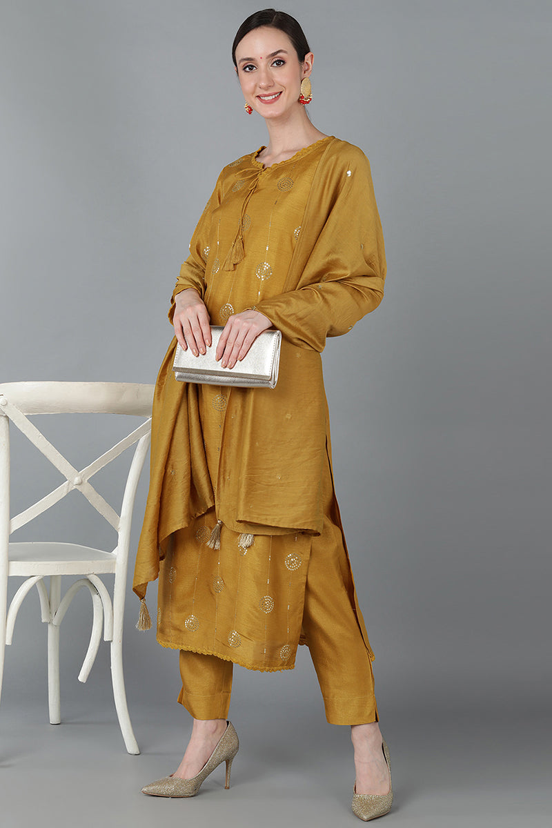 Mustard Yellow Silk Blend Ethnic Motifs Straight Suit Set PKSKD1613