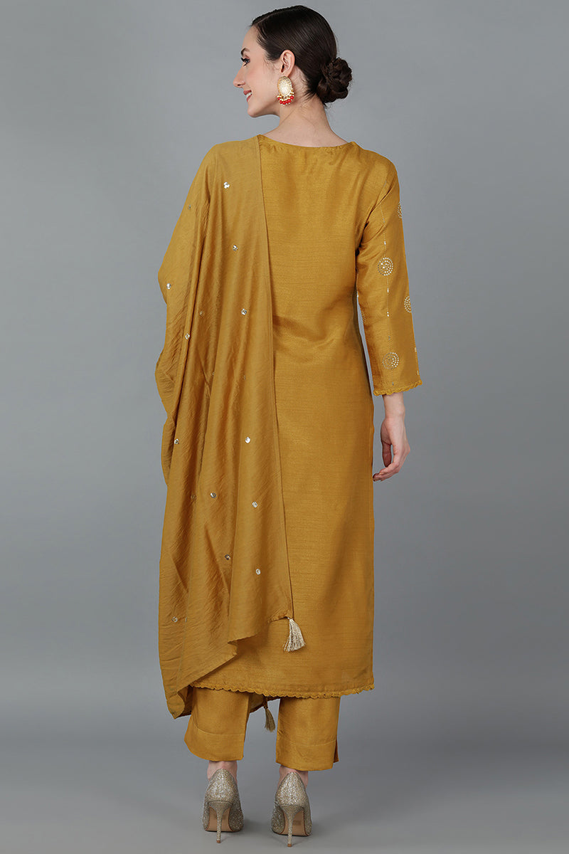 Mustard Yellow Silk Blend Ethnic Motifs Straight Suit Set PKSKD1613