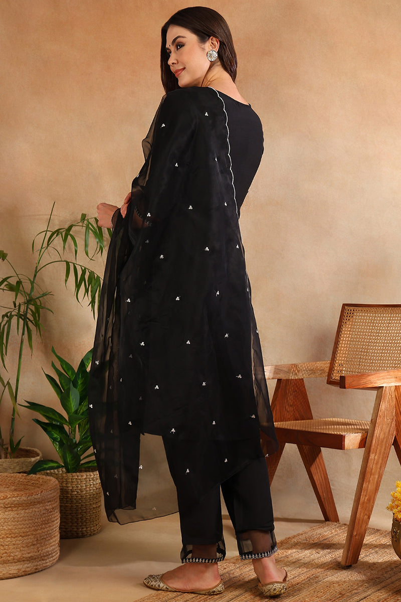 Black Poly Silk Straight Suit Set PKSKD1633