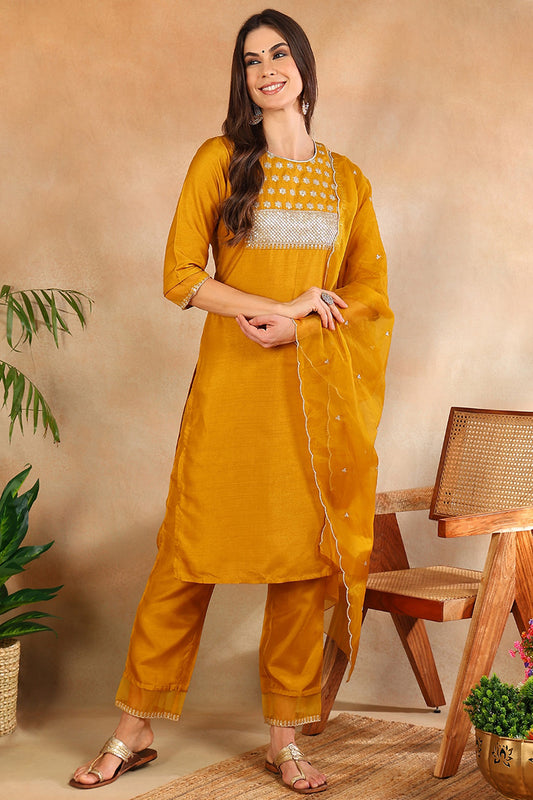 Mustard Poly Silk Straight Suit Set PKSKD1635