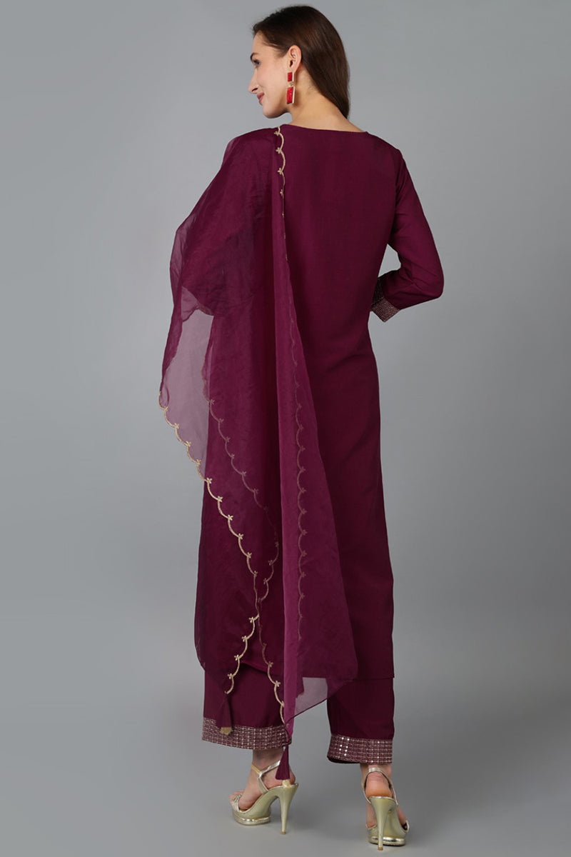 Magenta Silk Blend Solid Straight Suit Set PKSKD1702
