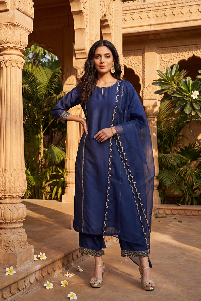 Navy Blue Silk Blend Solid Straight Kurta Trousers With Dupatta PKSKD1704