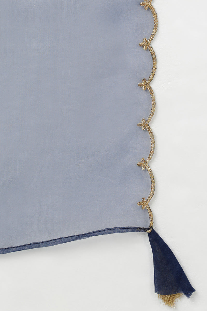 Navy Blue Silk Blend Solid Straight Kurta Trousers With Dupatta PKSKD1704