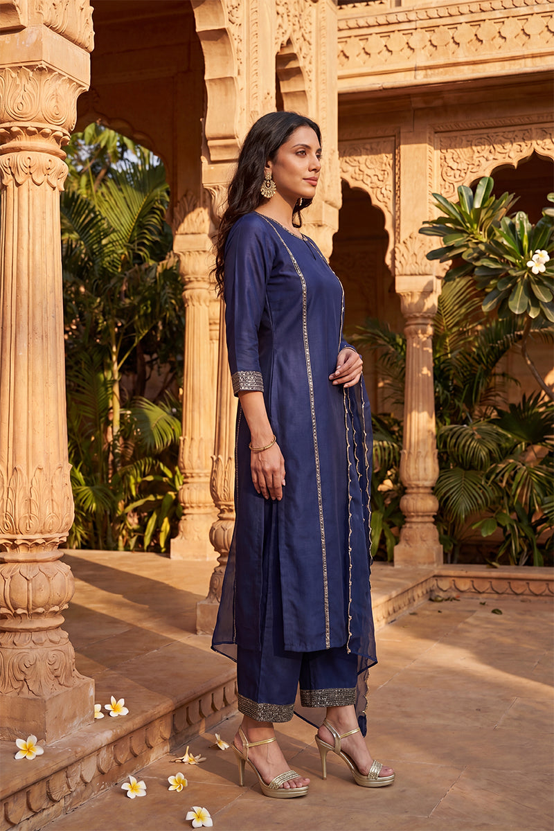 Navy Blue Silk Blend Solid Straight Kurta Trousers With Dupatta PKSKD1704