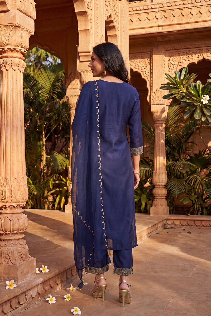 Navy Blue Silk Blend Solid Straight Kurta Trousers With Dupatta PKSKD1704