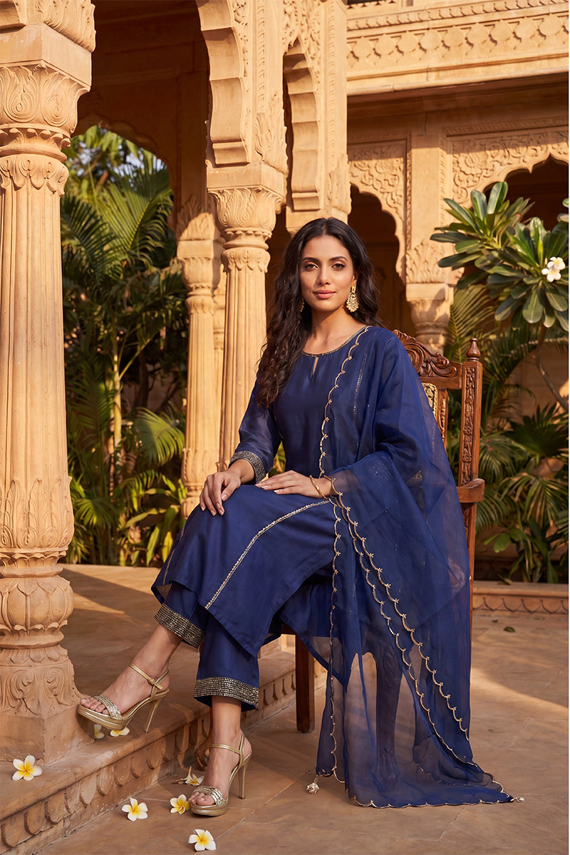 Navy Blue Silk Blend Solid Straight Kurta Trousers With Dupatta PKSKD1704
