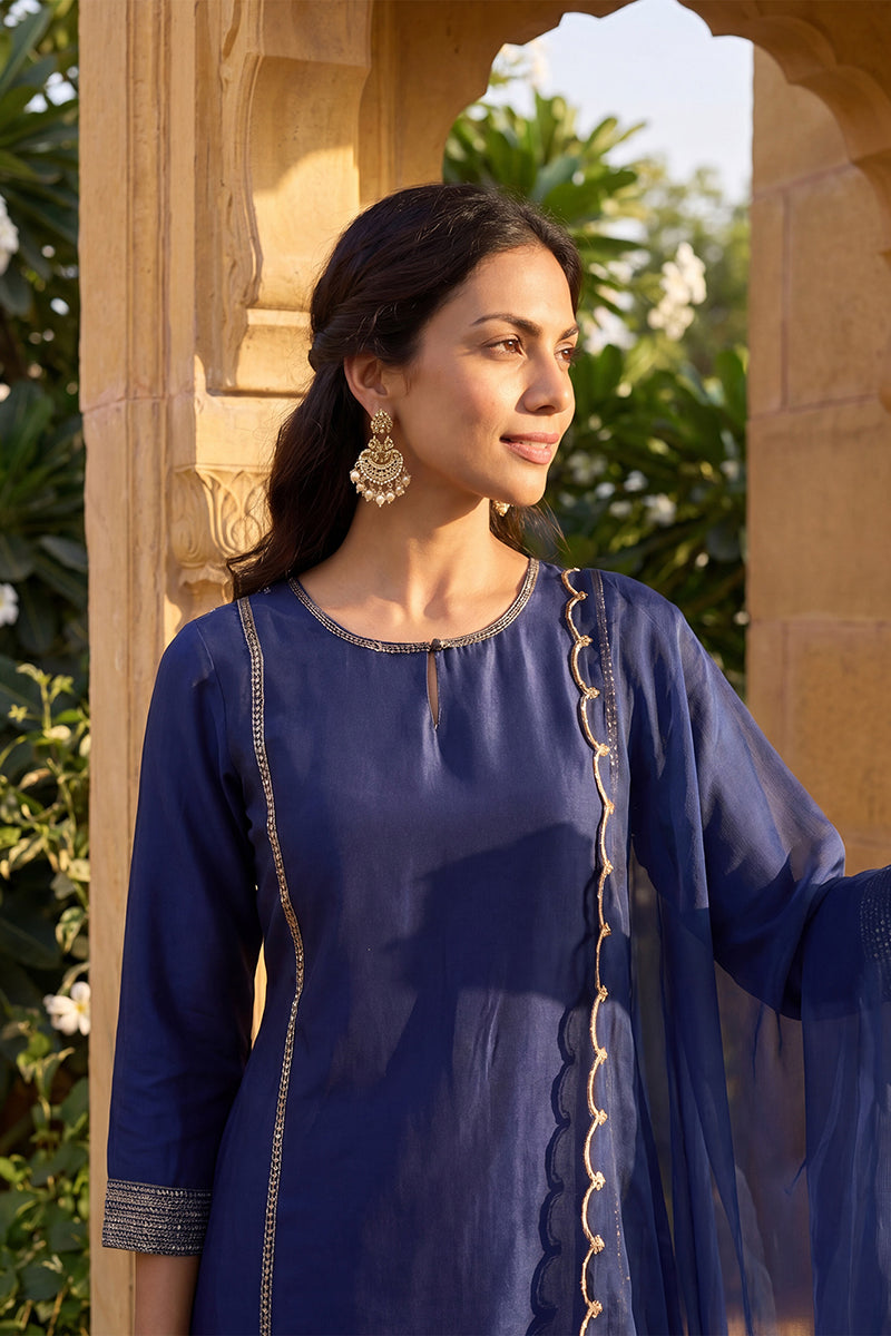 Navy Blue Silk Blend Solid Straight Kurta Trousers With Dupatta PKSKD1704