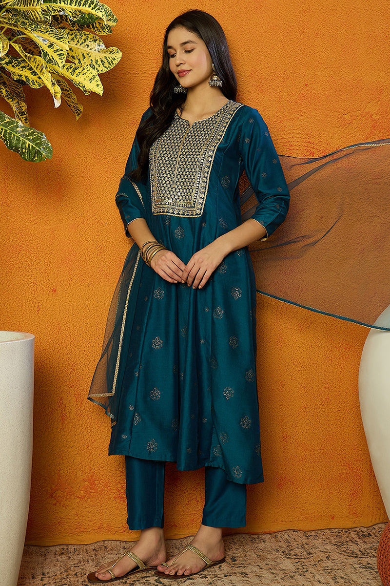 Teal Silk Blend Woven Design Anarkali Suit Set PKSKD1711