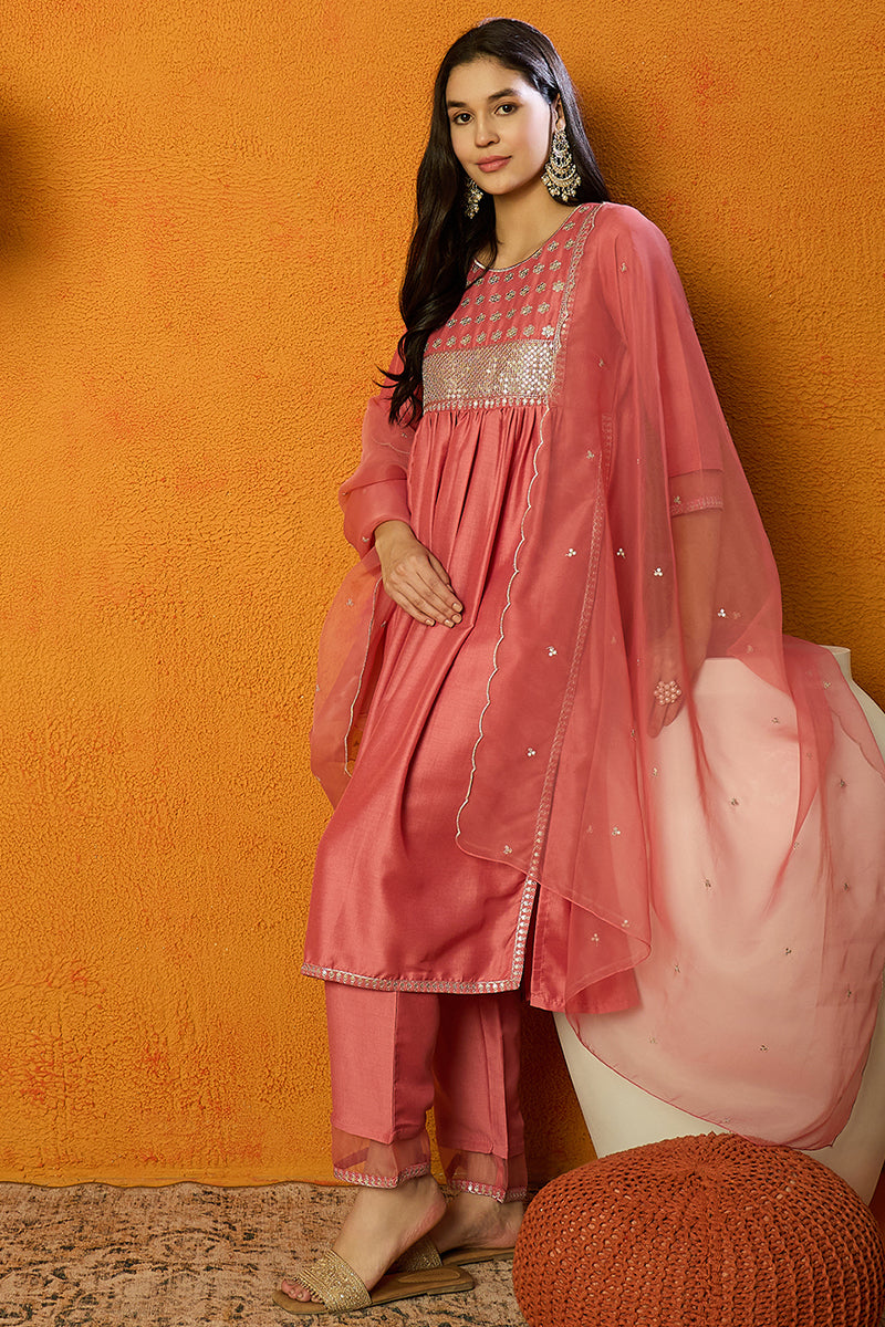 Coral Pink Silk Blend Solid Straight Trouser Suit Set PKSKD1725