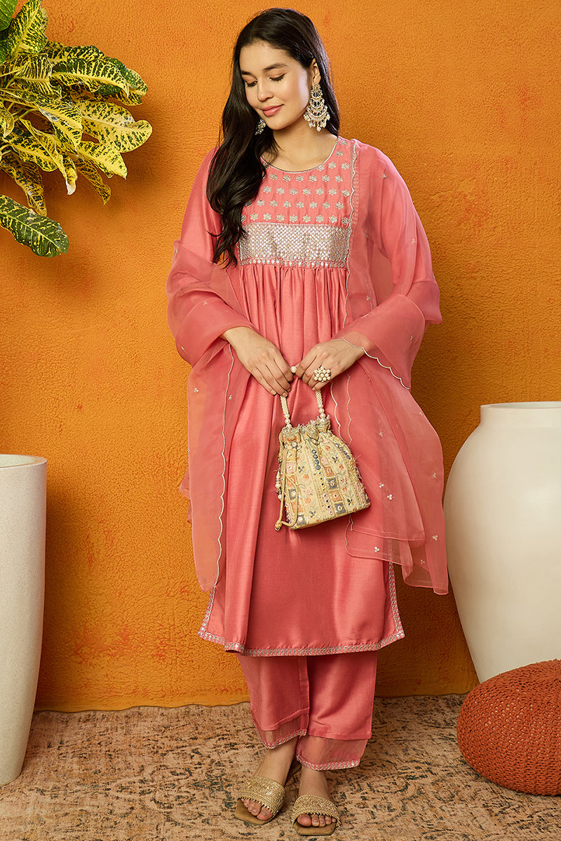 Coral Pink Silk Blend Solid Straight Trouser Suit Set PKSKD1725