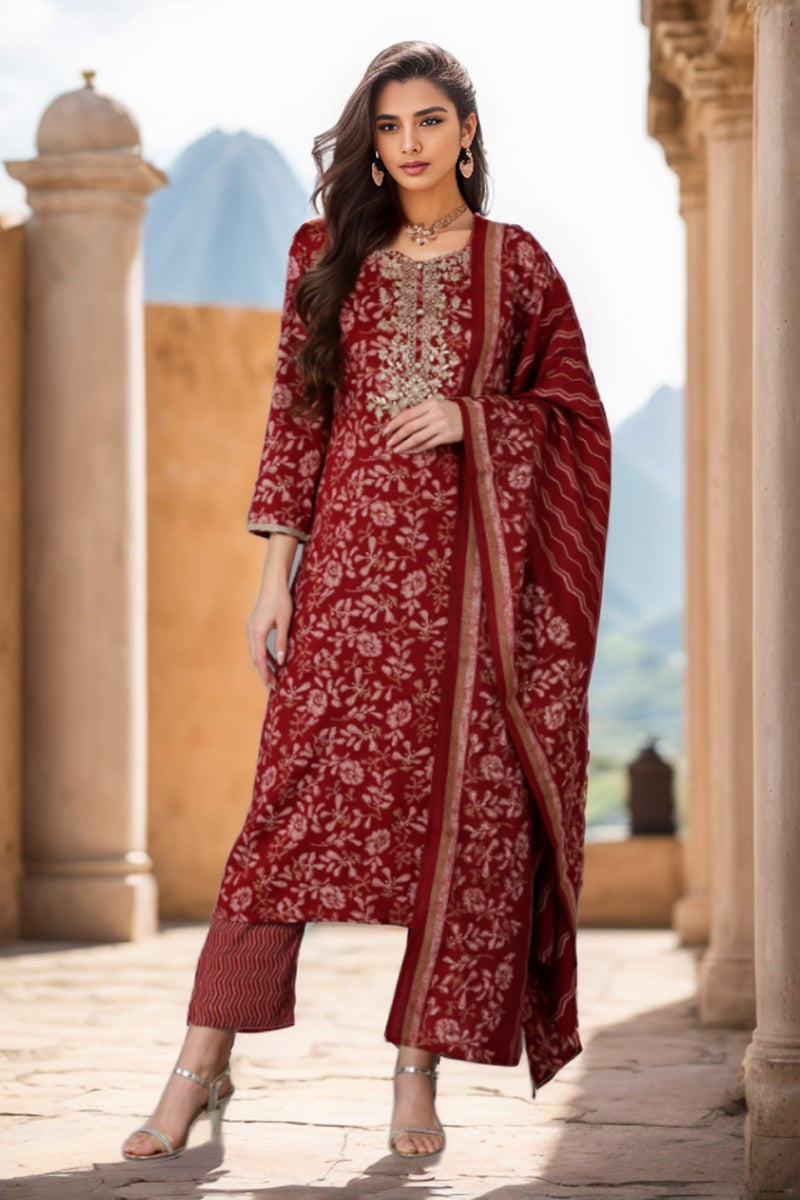 Maroon Silk Blend Floral Straight Kurta Trousers With Dupatta PKSKD1744