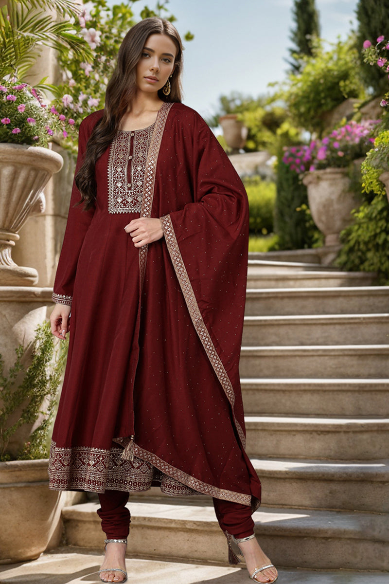 Maroon Silk Blend Solid A-Line Kurta Trousers With Dupatta PKSKD1756