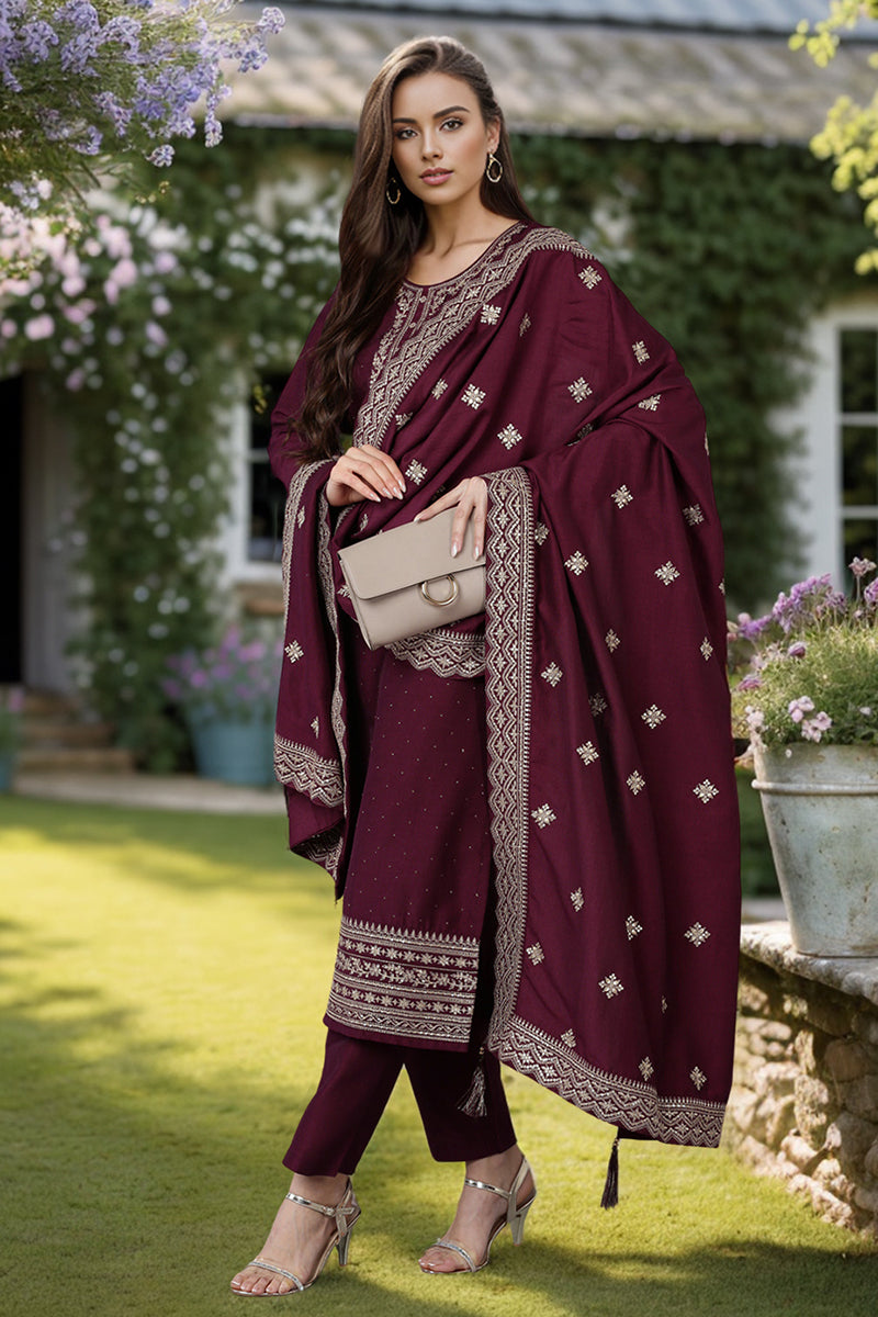 Burgundy Silk Blend Solid Straight Kurta Trousers With Dupatta PKSKD1759