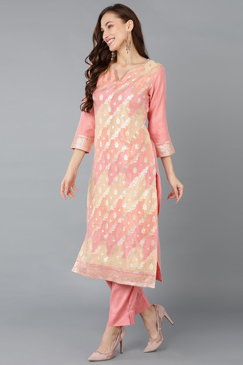 Pink Poly Chanderi Woven Design Kurta Pant With Dupatta