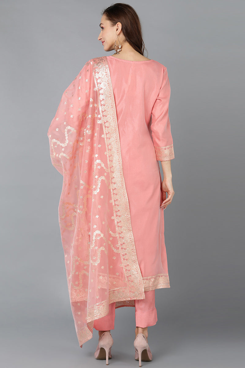 Pink Poly Chanderi Woven Design Kurta Pant With Dupatta PKSKD1761