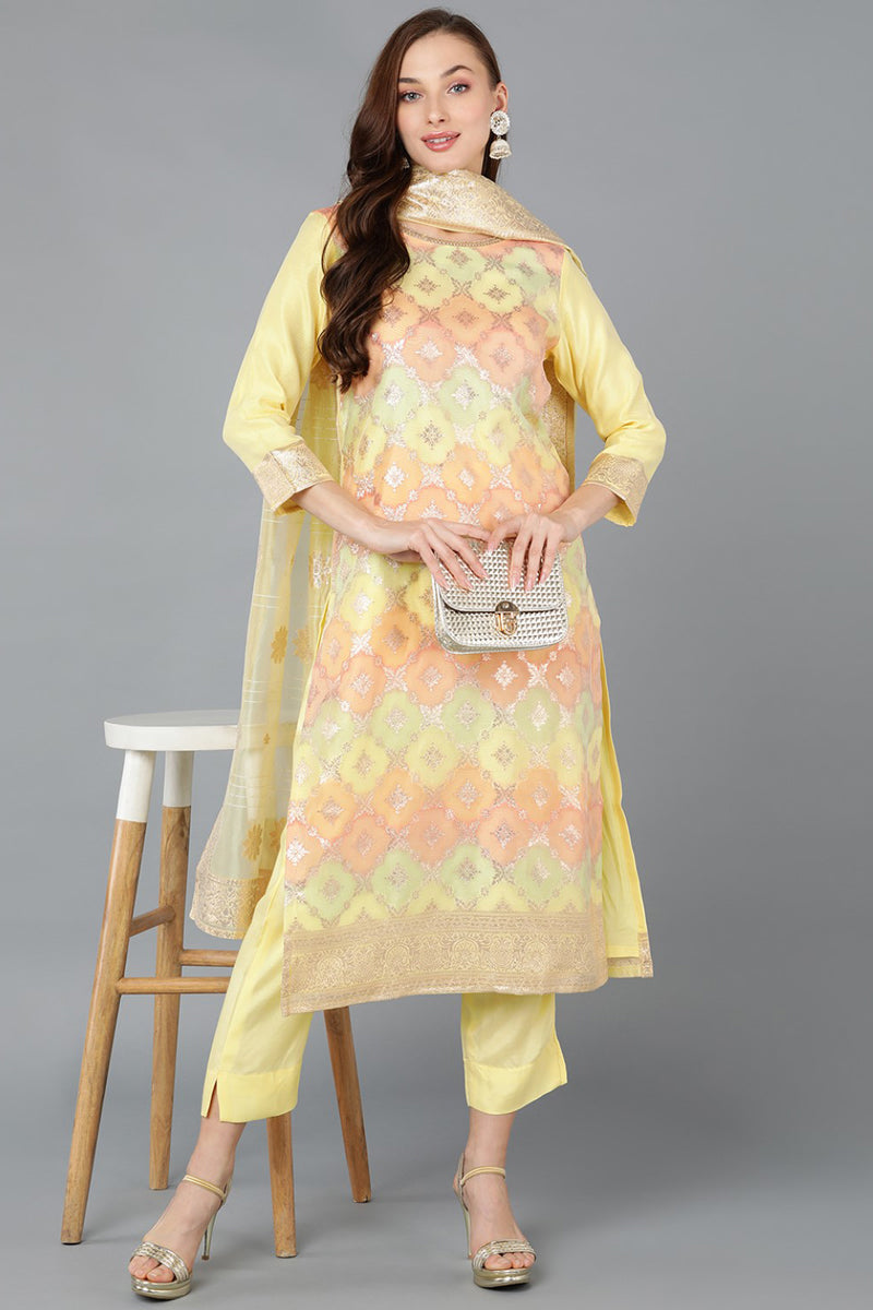 Yellow Poly Chanderi Woven Design Kurta Pant With Dupatta PKSKD1763