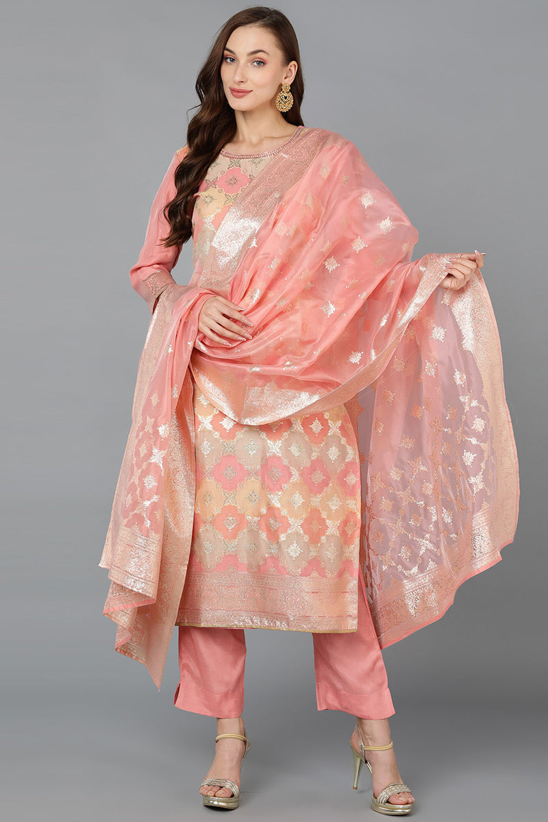 Peach Poly Chanderi Woven Design Kurta Pant With Dupatta PKSKD1764