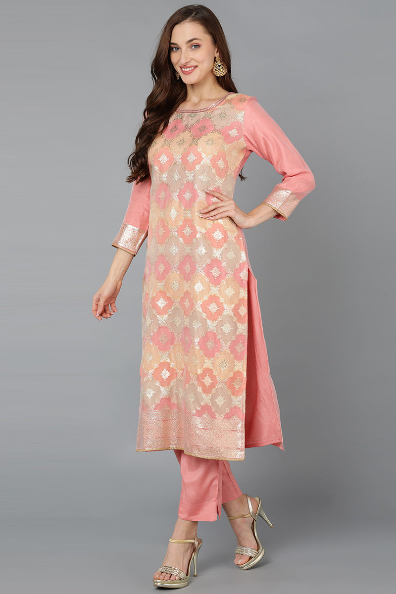 Peach Poly Chanderi Woven Design Kurta Pant With Dupatta PKSKD1764