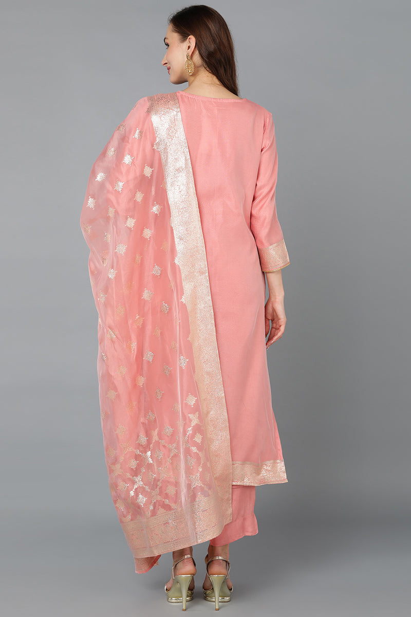 Peach Poly Chanderi Woven Design Kurta Pant With Dupatta PKSKD1764