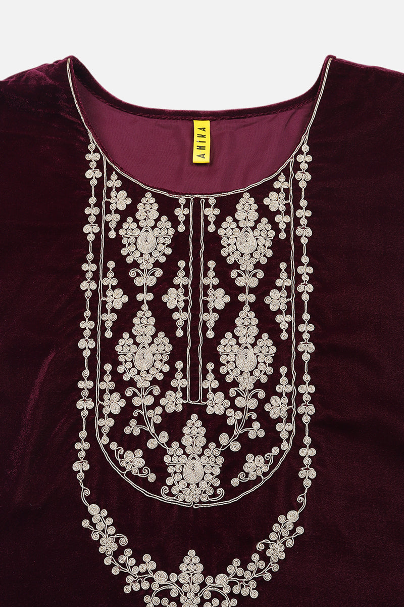 Burgundy Velvet Straight Kurta Pant With Dupatta PKSKD1766